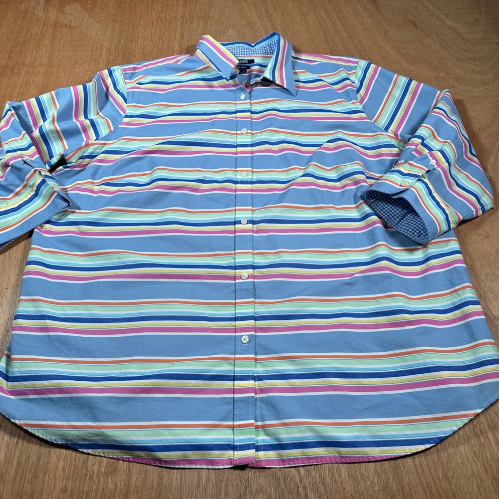 Chaps Button Down Shirt Mens 2X Blue Multi Color Stripe No Iron Cotton LS